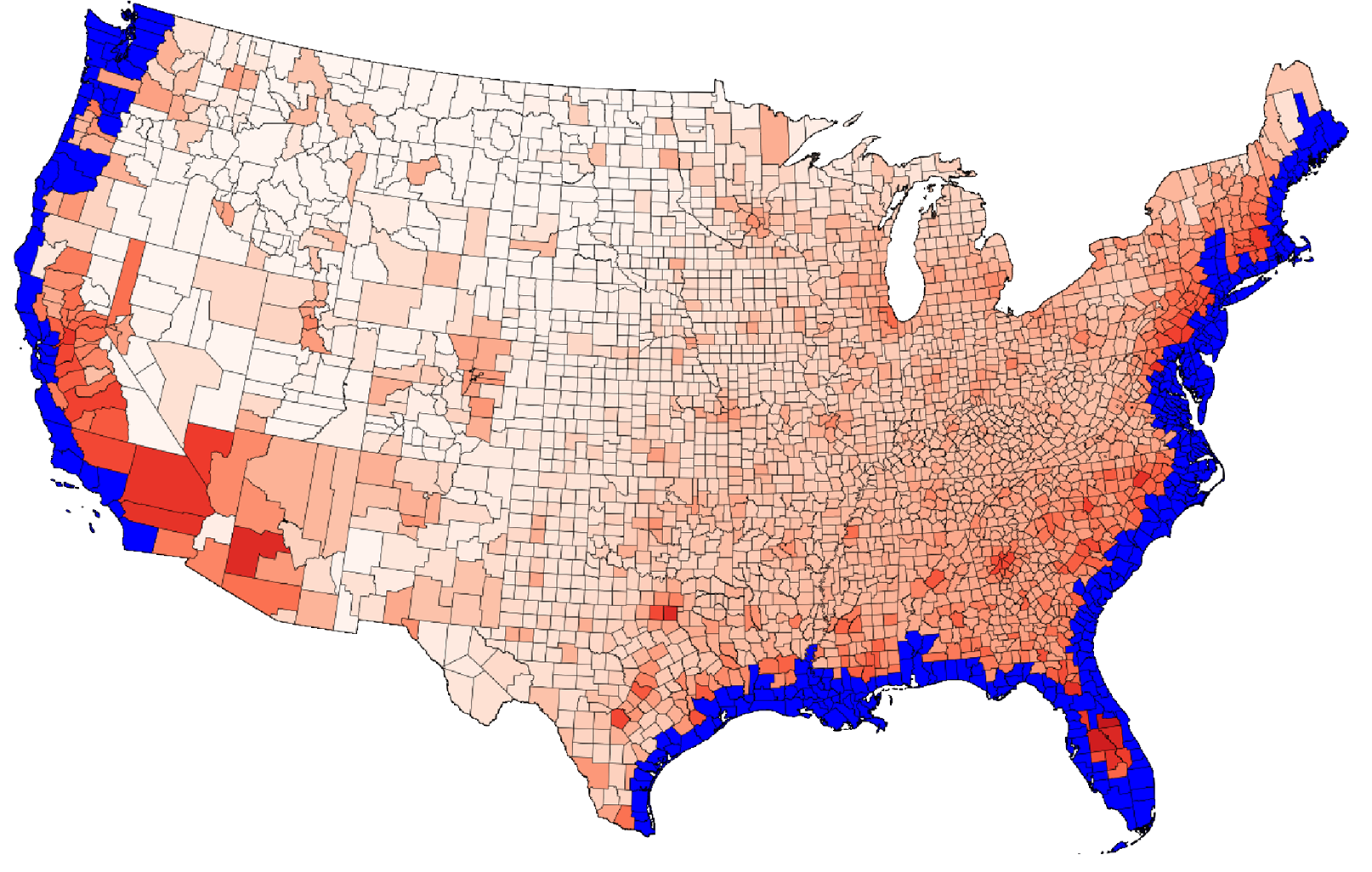 Округа США, на которые повлияет повышение уровня моря на шесть футов, выделены синим цветом. Внутренние округа заштрихованы красным цветом в зависимости от того, сколько мигрантов они примут из прибрежных районов. 