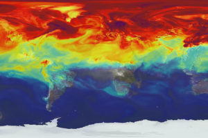A computer simulation of carbon dioxide movement in the atmosphere.