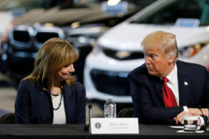 Mary Barra, CEO of General Motors, talks with President Trump at a press event in Ypsilanti Township, Michigan in March 2017.