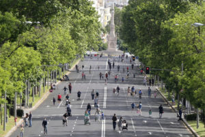 Pedestrians and bicyclists on Castellana Avenue, which was closed to vehicles, in downtown Madrid on May 10.