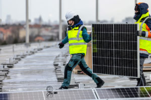 A solar array being installed on the roof of Olympic Stadium in Berlin.