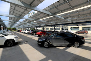 A solar-covered parking lot at the plant of Anhui Quanchai Engine Co., Ltd. in Chuzhou, China.