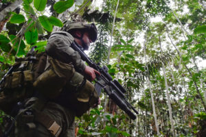 A government soldier on patrol in a former area of intense fighting in Guaviare in southern Colombia. 