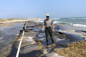 Cape Hatteras National Seashore Superintendent Dave Hallac on a damaged stretch of Highway 12 after Hurricane Dorian, September 2019.