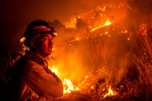 A firefighter at the Bobcat Fire in Monrovia, California on September 15.