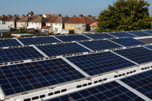 A 25-kilowatt solar array, part of a community-owned energy cooperative, in Bristol, England.
