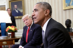 President-elect Donald Trump meeting with outgoing President Obama in the Oval Office in November 2016.