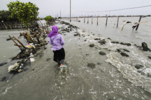 A woman walks through a broken embankment caused by rising sea levels in Central Java, Indonesia in February 2018.