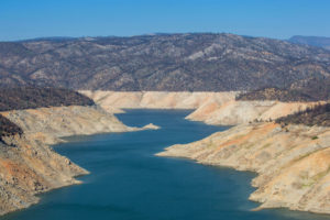 Lake Oroville, the reservoir behind the Oroville Dam in California, at a near-record low level on September 1. Because of drought, the dam has not operated since August 5.