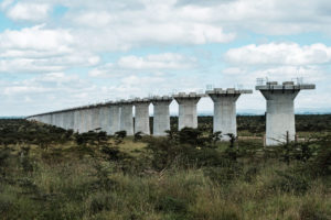 Construction of the second phase of the Chinese-financed Standard Gauge Railway in Kenya crosses through Nairobi National Park, as pictured here in June.