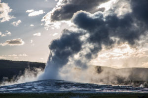 Old Faithful at sunset. As water reserves decline, the geyser is expected to erupt less frequently.
