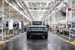 A Rivian R1T electric pickup truck at the company's factory in Normal, Illinois.