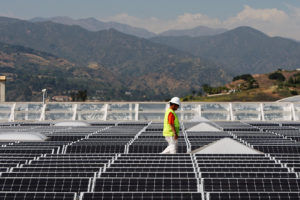 Solar panels cover the roof of a Sam's Club store in Glendora, Calif.