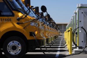 Electric school buses charging up in Oakland, California, last month.