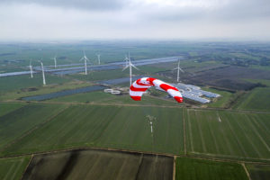 An airborne wind turbine at the SkySails Power's pilot site in Klixbüll, Germany.