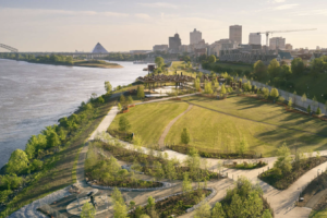 Tom Lee Park along the Mississippi River in Memphis, a project co-designed by Kate Orff's firm. Once a city dump, the site now supports native trees and other vegetation.