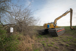 An excavator clears trees for the border wall at La Parida Banco, part of the Lower Rio Grande Valley National Wildlife Refuge.