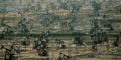 An oil field in Kern County, California, where producers rely on steam injection to pump out thick, carbon-heavy crude. 
  