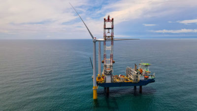 Construction work underway at the Coastal Virginia Offshore Wind project, located 27 miles off the coast of Virginia Beach.
