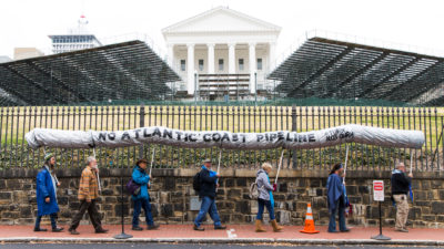 Demonstrators protest the Atlantic Coast Pipeline project outside the Virginia Capitol in Richmond in 2017.