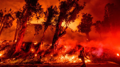Firefighters battle the Maria Fire in Santa Paula, California on November 1.