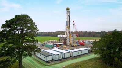The drilling rig at ExxonMobil's first lithium well, in southwest Arkansas.