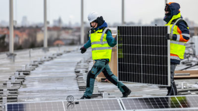 A solar array being installed on the roof of Olympic Stadium in Berlin.