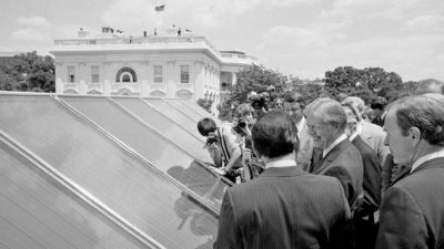 Carter at the dedication of a new solar water heating system on the White House roof on June 20, 1979.