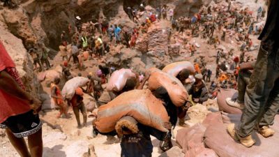 Miners haul sacks of cobalt ore at the Shabara mine near Kolwezi in the Democratic Republic of the Congo.