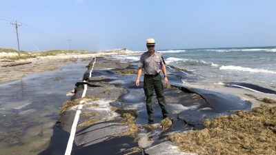 Cape Hatteras National Seashore Superintendent Dave Hallac on a damaged stretch of Highway 12 after Hurricane Dorian, September 2019.
