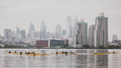Kayakers paddling in the Delaware River near Philadelphia in 2018.