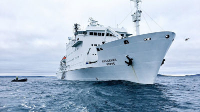 The Akademik Ioffe after running aground on a shoal in the Canadian Arctic on August 24.