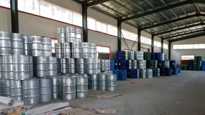 Barrels of raw material used to create foam insulation containing CFC-11 at a factory in Dacheng, Hebei Province.