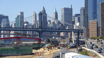 Construction underway on a flood resiliency project in East River Park in Manhattan in October 2022.