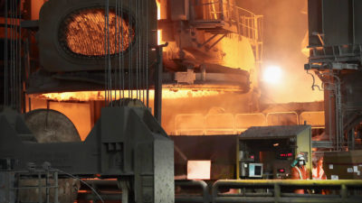 The NLMK mill in Portage, Indiana, which uses a furnace powered by electricity and produces steel from recycled scrap. 