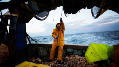 A fisherman aboard a French trawler sorts through a catch of flounder and mackerel. 
