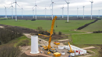 A wind turbine under construction in Jacobsdorf, Germany, in January.