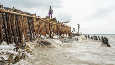 A seawall built to hold back rising seas and halt erosion on Ghoramara Island in the Ganges-Brahmaputra Delta in India.