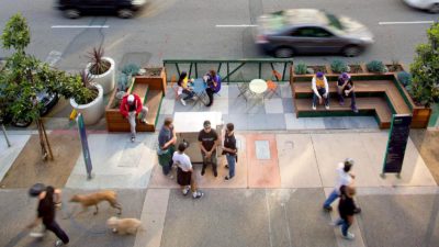 Public space created on former parking spaces in Los Angeles.