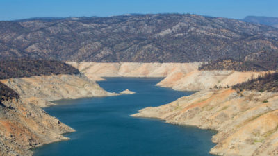 Lake Oroville, the reservoir behind the Oroville Dam in California, at a near-record low level on September 1. Because of drought, the dam has not operated since August 5.