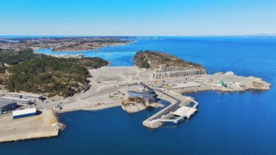 This terminal under construction in Øygarden, Norway will receive waste CO2 by ship and send it to an undersea aquifer via a pipeline.