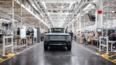 A Rivian R1T electric pickup truck at the company's factory in Normal, Illinois.