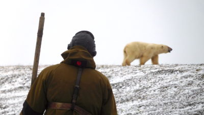 A Russian ranger monitors a polar bear during a collaborative research effort on Russia's Wrangel Island in 2019.