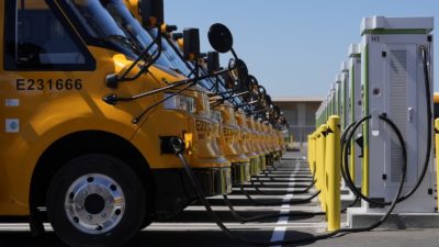 Electric school buses charging up in Oakland, California, last month.