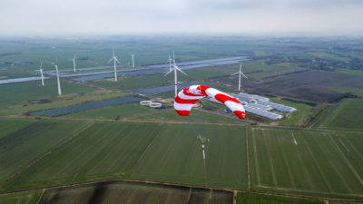 An airborne wind turbine at the SkySails Power's pilot site in Klixbüll, Germany.