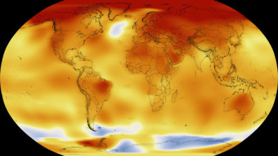 Global temperature anomalies in 2016, with red representing areas that were 2 degrees Celsius warmer than the 20th century mean, and blue 2 degrees below the mean.