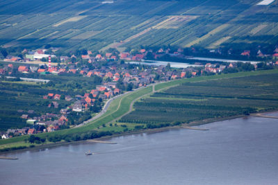 A dike protects a village downstream from Hamburg. Some propose that agricultural areas, such as the orchards, right, should be opened for flooding during high water. 