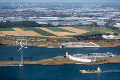The Maeslant Barrier in the Netherlands. When waters reach 10 feet above normal sea level, the massive gates are closed to protect Rotterdam and other areas from storm surges.
