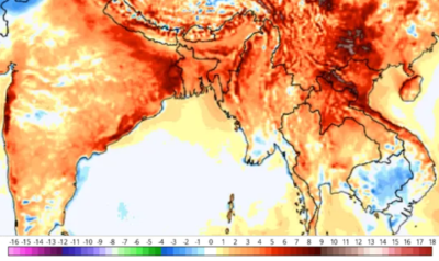 April 18, 2023 temperature anomaly across South Asia and Southeast Asia in degrees C. 