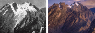 Mount Stanley in 1906 (left) and 2022 (right).